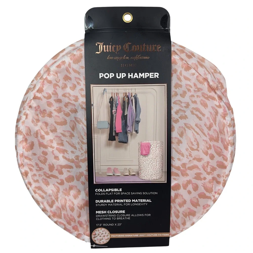 New Juicy Couture Home Pop Up Hamper Pink Leopard Print Collapsible Mesh Closure